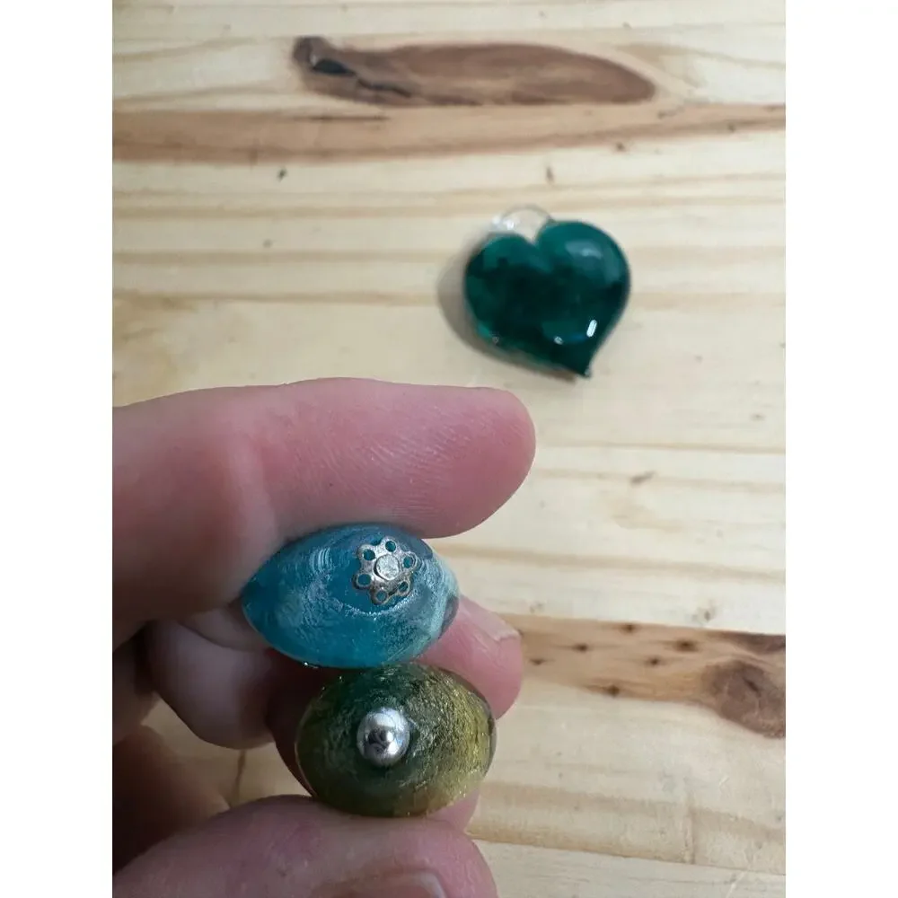 Glass Heart Pendant Charms Blue Green Yellow Set of 3 Vintage